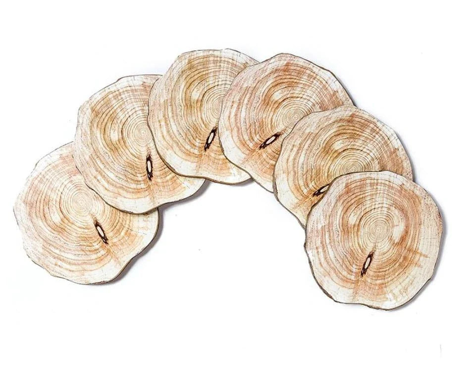 Set of 6 premium wooden coasters in oak and walnut finishes, designed to protect surfaces from water damage and enhance the ambiance of any space.