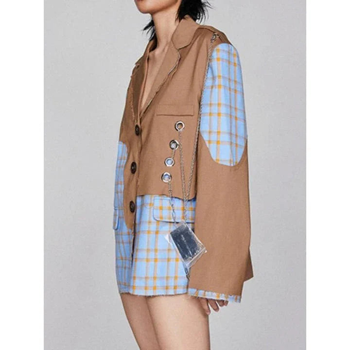 Sophisticated Checkered Blazer with Chain Accent for Women