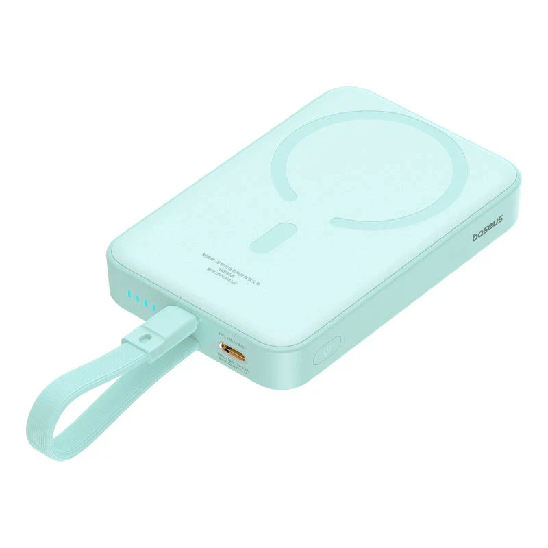 High-capacity magnetic power bank with wireless fast charging and built-in cables, providing 10,000mAh of reliable power for mobile devices.