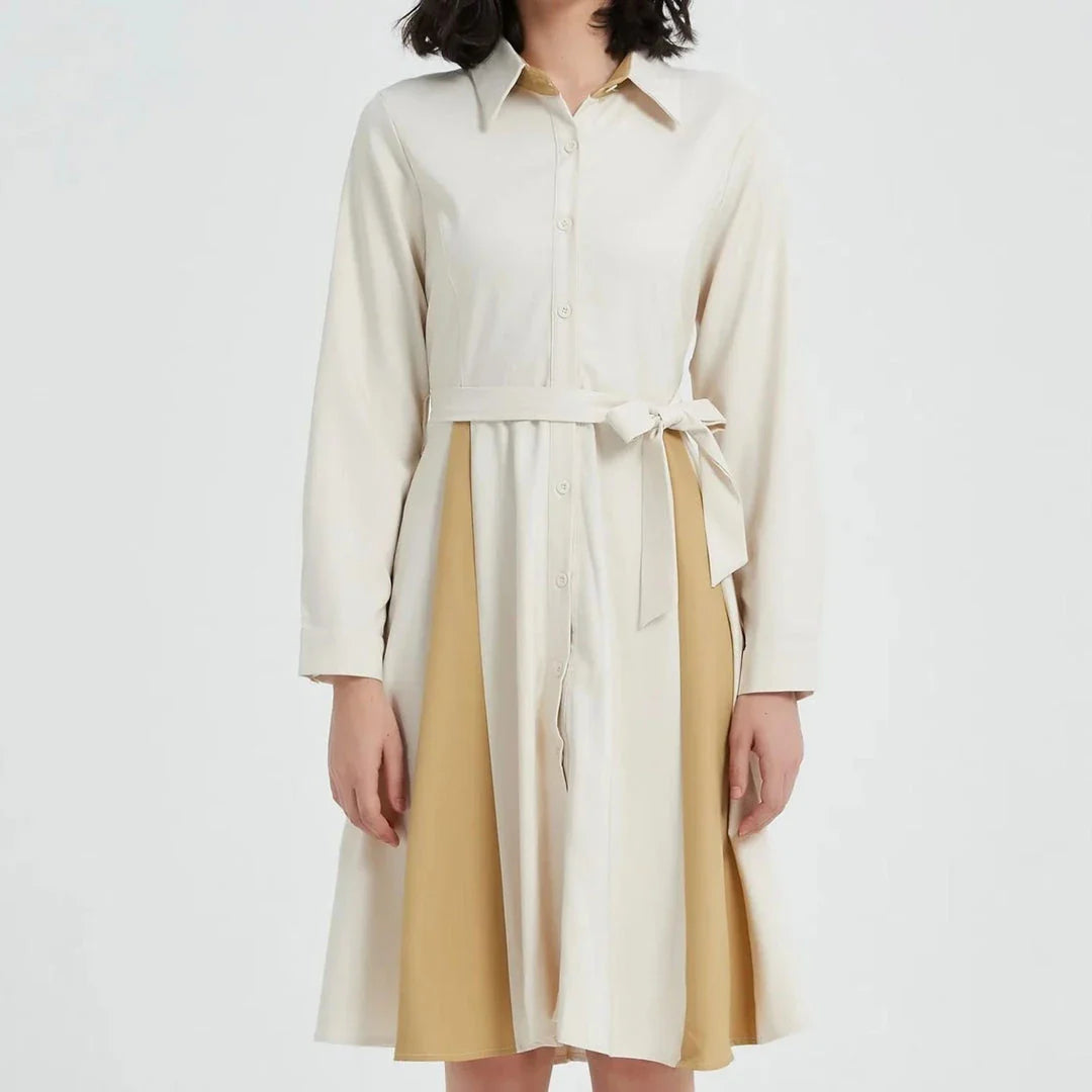 Elegant beige A-line dress with long sleeves, turn-down collar, and included belt for a flattering fit