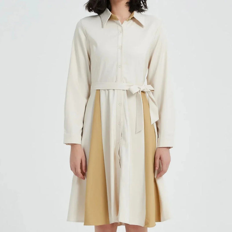 GiftHome UK Elegant Beige A-Line Dress with Long Sleeves and Belt