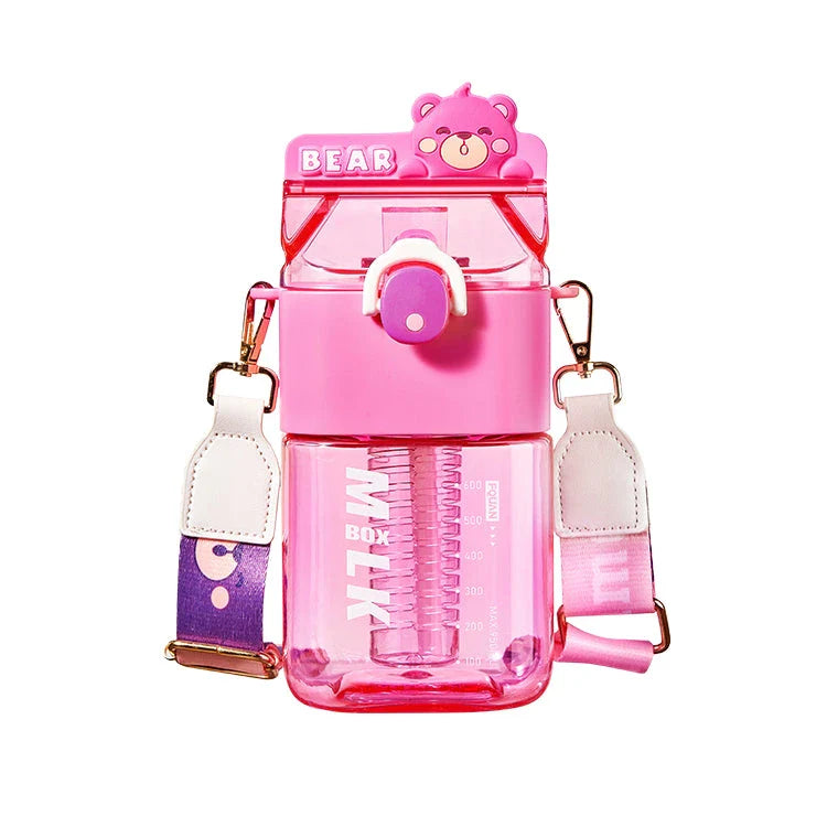 Charming cartoon-themed reusable plastic cup with straw and tea infuser, perfect for daily hydration and on-the-go use