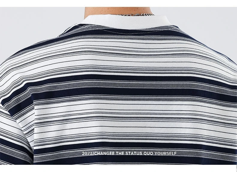 Retro contrast color striped teen t-shirt in navy blue, perfect for casual summer looks