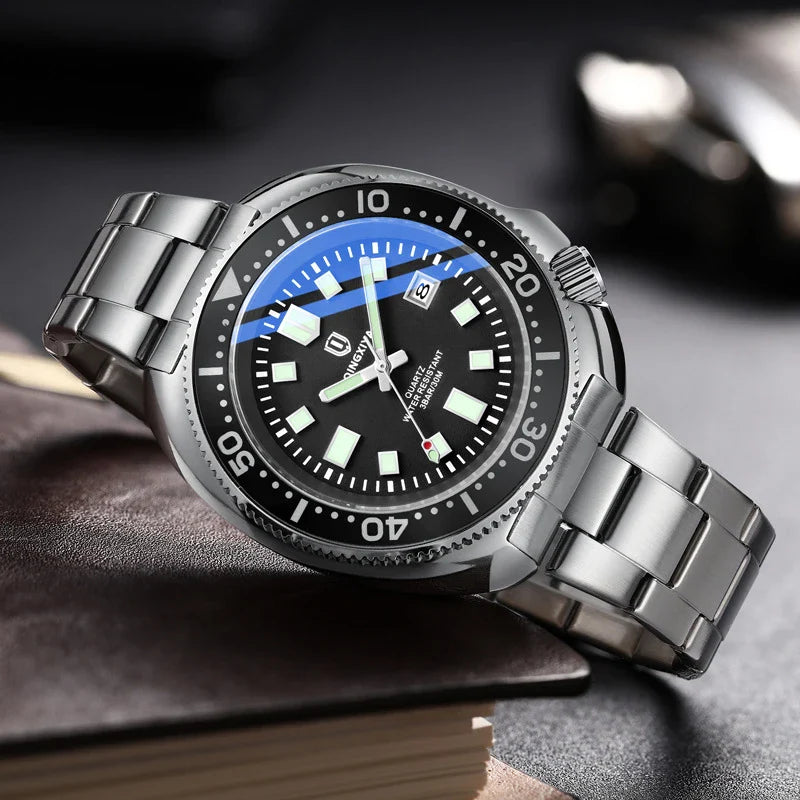Trendha Quartz Watch with Stainless Steel Strap and Luminous Dial in Black and Blue Colours