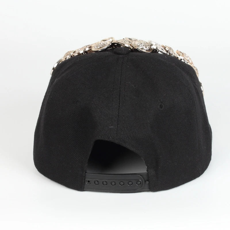 A black baseball cap with a striking skull and leopard print design, featuring adjustable snapback closure for a customized fit.