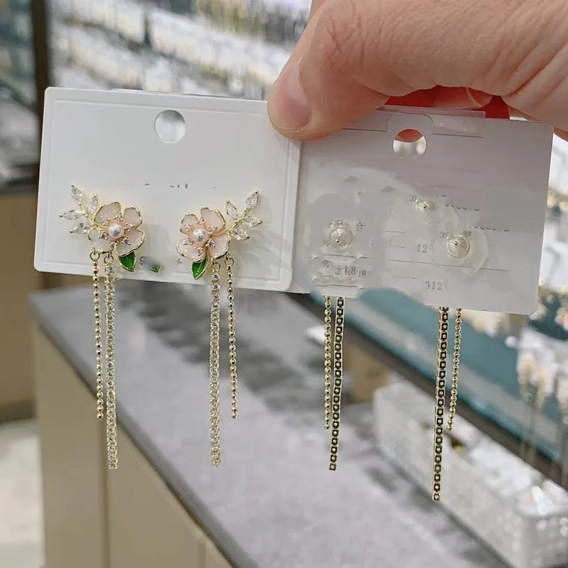 GiftHome UK Elegant Zircon Flower Long Pearl Tassel Earrings