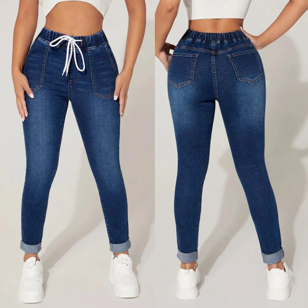 Premium navy blue drawstring waist skinny jeans with a vintage-inspired stone-washed finish