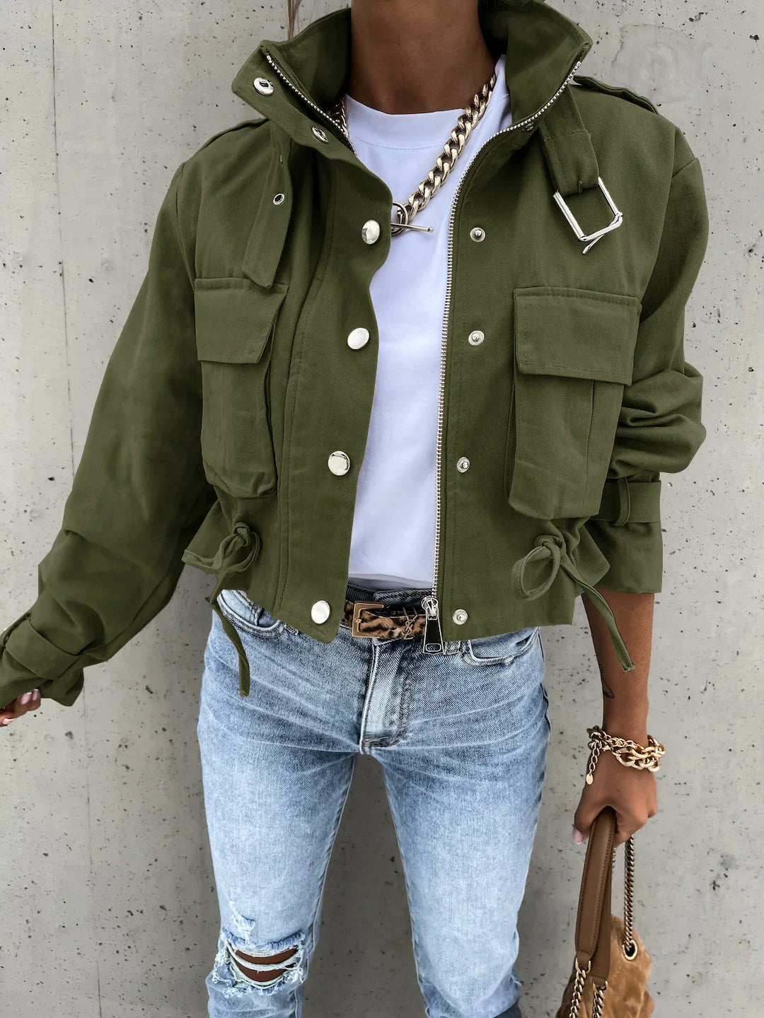 Trendha Polyester Motorcycle Jacket in Black and Army Green, available in sizes S-XL