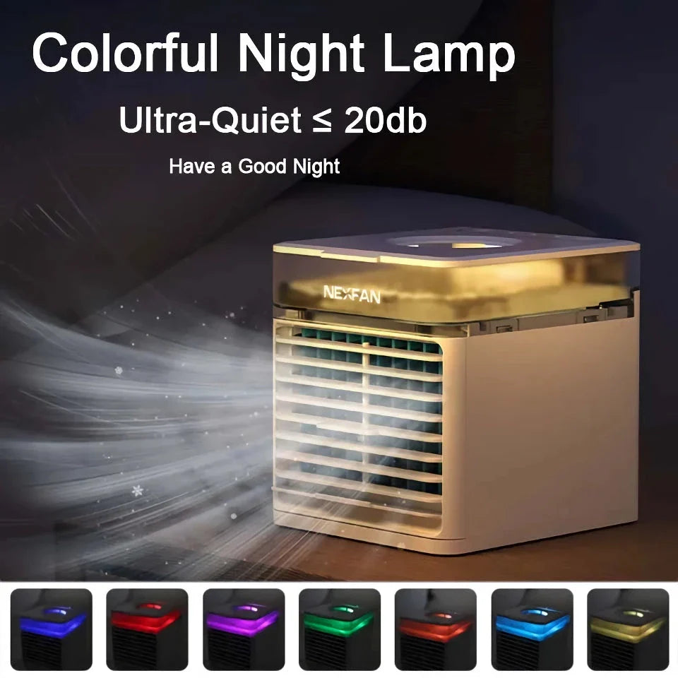 Portable USB air cooler with humidifier and LED lighting for personal cooling and comfort