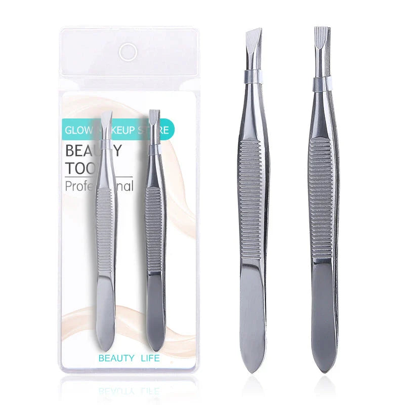 Set of two premium stainless steel hair removal tweezers in a stylish case for effortless grooming