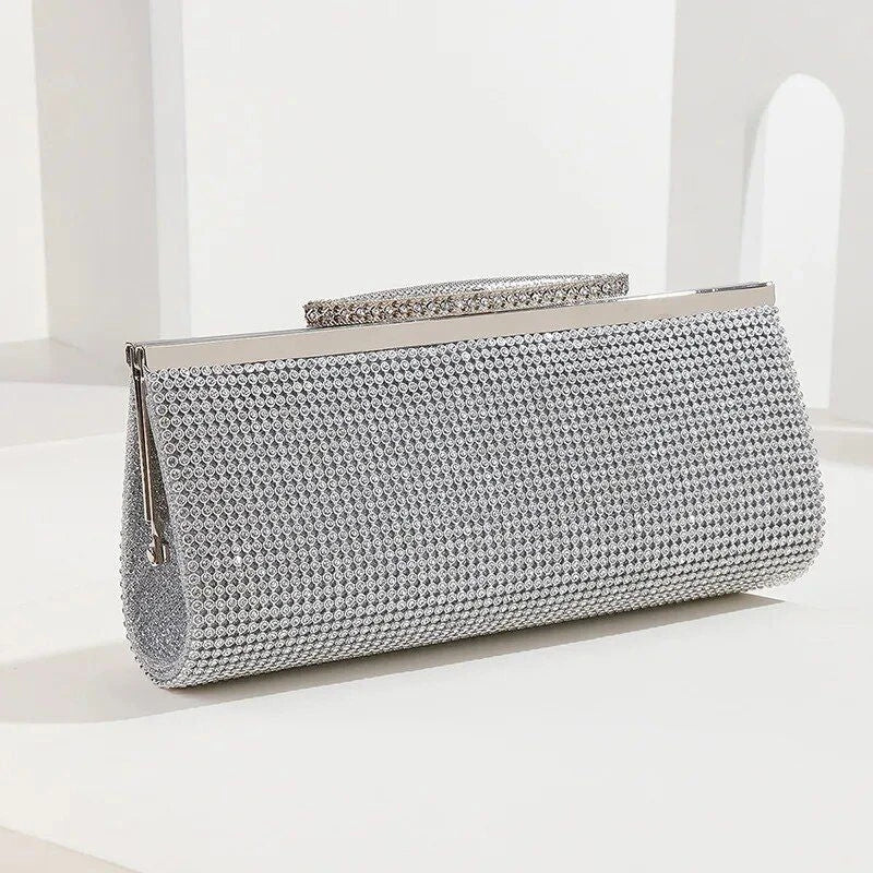Glamorous gold rhinestone evening clutch with elegant chain and diamond decorations, perfect for UK special occasions