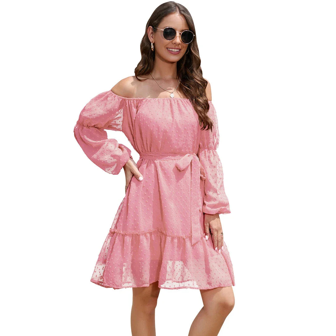 Stylish one-shoulder chiffon dress with ruffled bubble dot design, available in various sizes and blue colour