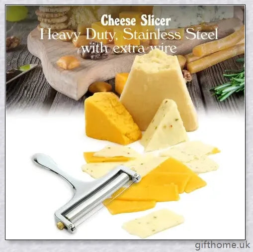 Adjustable cheese slicer with an ergonomic handle and a wire cutting mechanism for precisely slicing hard and soft cheeses to your desired thickness