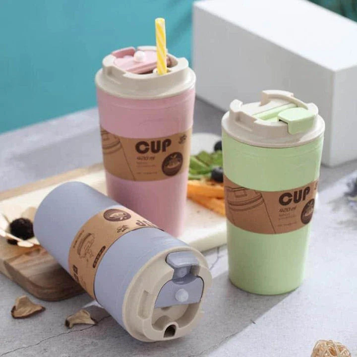 Premium bamboo fibre travel mug with leak-proof lid, available in green, brown, and black colours