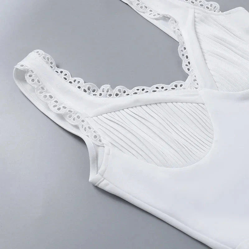 Lace-Trim Mini A-line Dress in White, featuring a slim silhouette, spaghetti straps, and intricate lace details for a glamorous summer look
