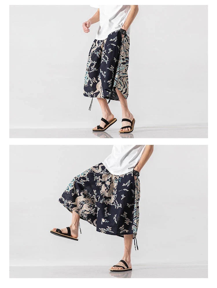 Men's loose-fitting Chinese-inspired cropped pants with a dragon or elephant floral pattern in navy blue, red, or coffee colours