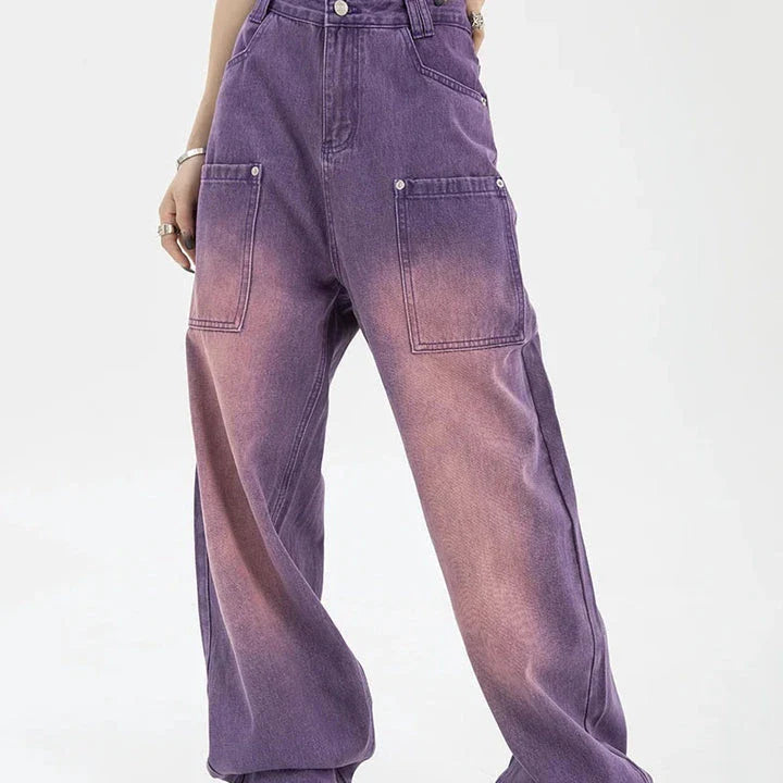 Stylish high-waist purple wide-leg jeans with elegant button details and a premium denim design