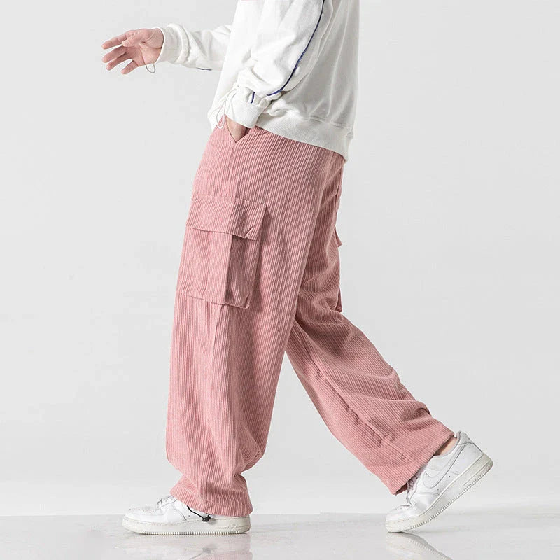Stylish men's corduroy casual trousers with a relaxed wide-leg silhouette and a variety of classic colour options