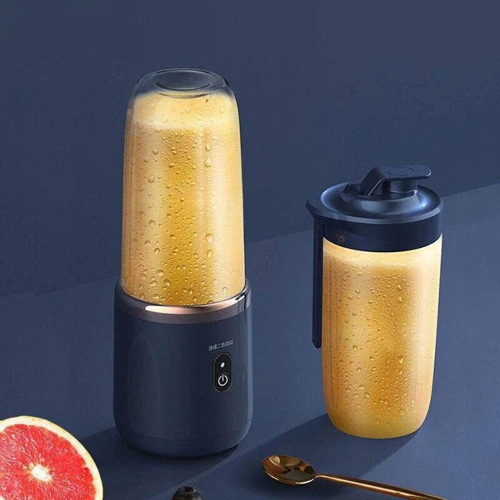 Portable electric juice extractor with a pink lid, designed for on-the-go healthy hydration and wellness