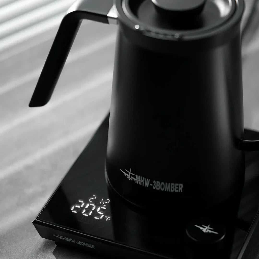 A stainless steel electric gooseneck kettle with precise temperature control and an elegant design, perfect for hand-brewing coffee at home.
