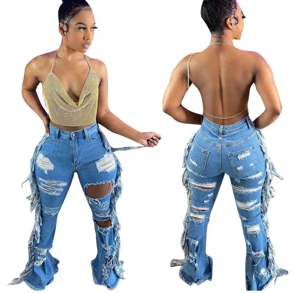 Stylishly distressed tassel jeans with light blue wash and straight-leg silhouette