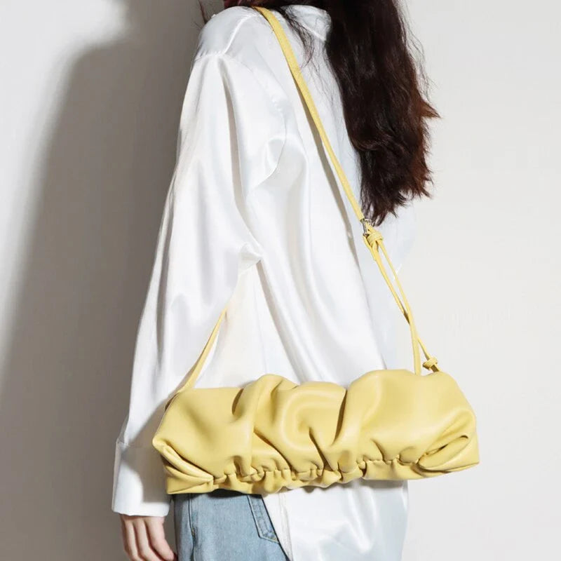 Pleated fashion one-shoulder diagonal handbag in various colours including white, yellow, green, black, and light blue