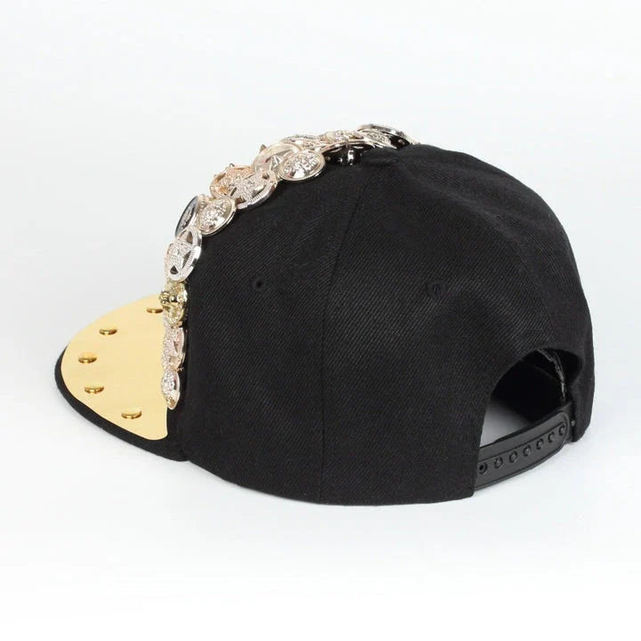 A black baseball cap with a striking skull and leopard print design, featuring adjustable snapback closure for a customized fit.