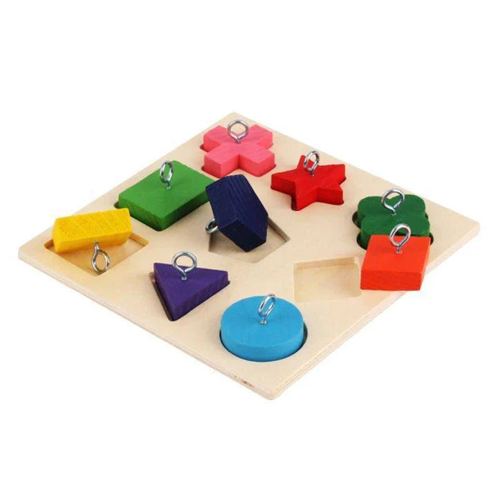 Wooden educational building blocks with colorful bird illustrations, designed to promote learning and creativity in children.