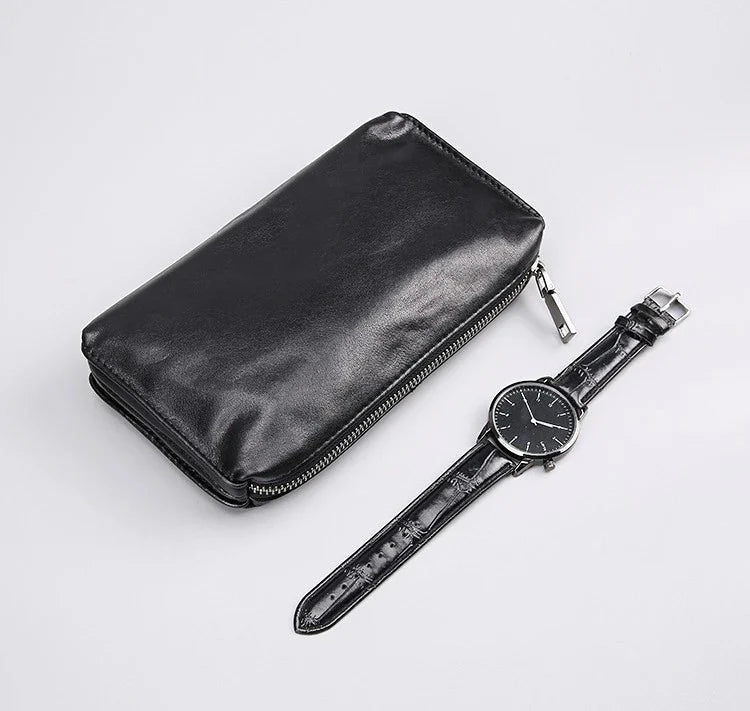 Retro Casual Men's Top Leather Wallet in Premium Cow Leather with Zipper Closure and Polyester Cotton Lining
