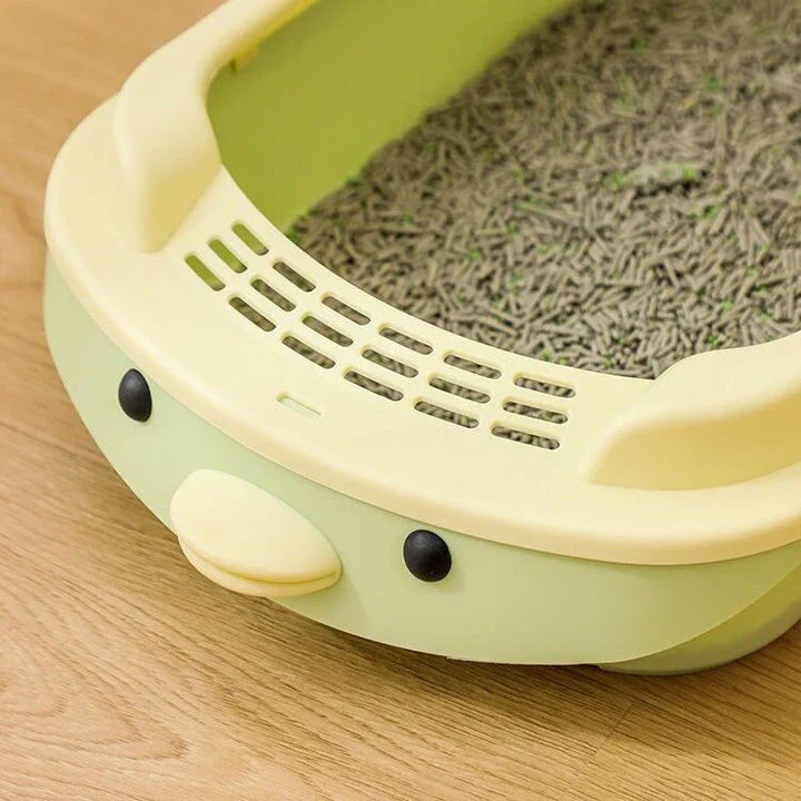 Oversized semi-enclosed cat litter box in Haze Blue colour, featuring high sides and covered top for enhanced privacy and litter containment