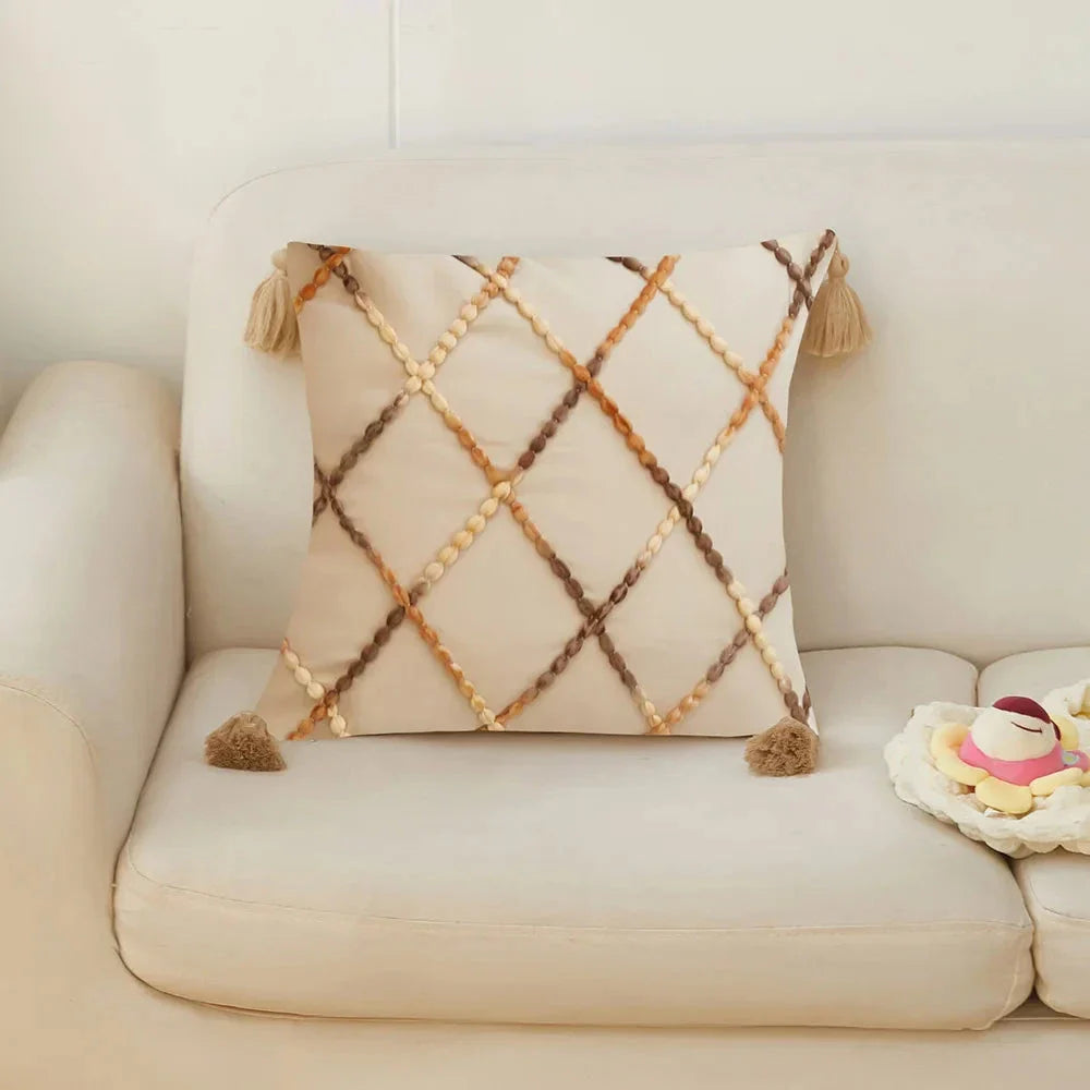 Nordic geometric tassel cushion cover with gradient design, perfect for adding modern style to your home