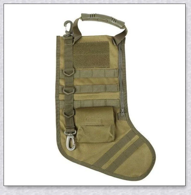 Elite Tactical Christmas Stocking with vertical zipper, carry handle, and customisable storage pouch, perfect for outdoor and tactical gear enthusiasts in the UK