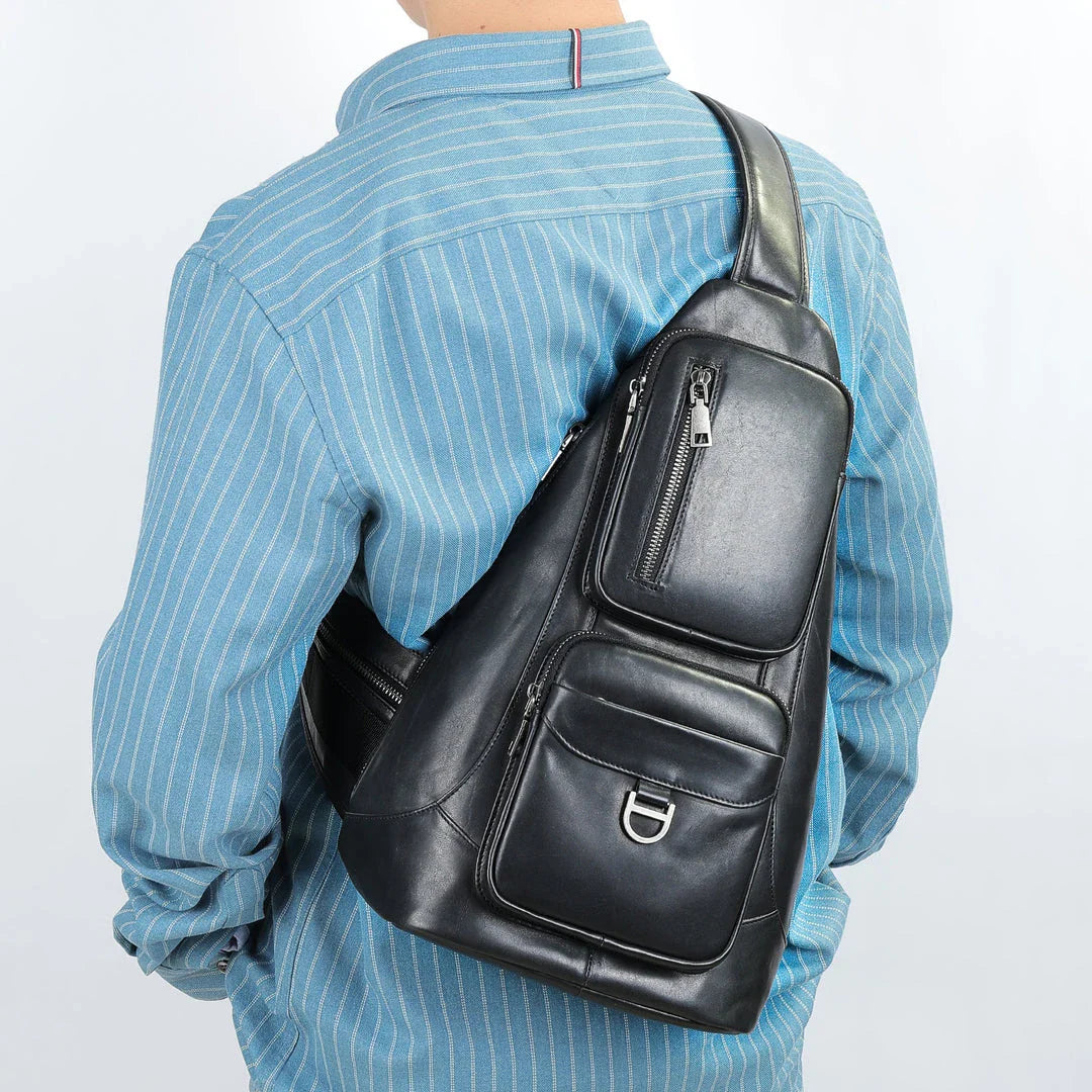 Premium first-layer cowhide chest bag with stylish skeleton skin detailing, suitable for men's everyday use and travel