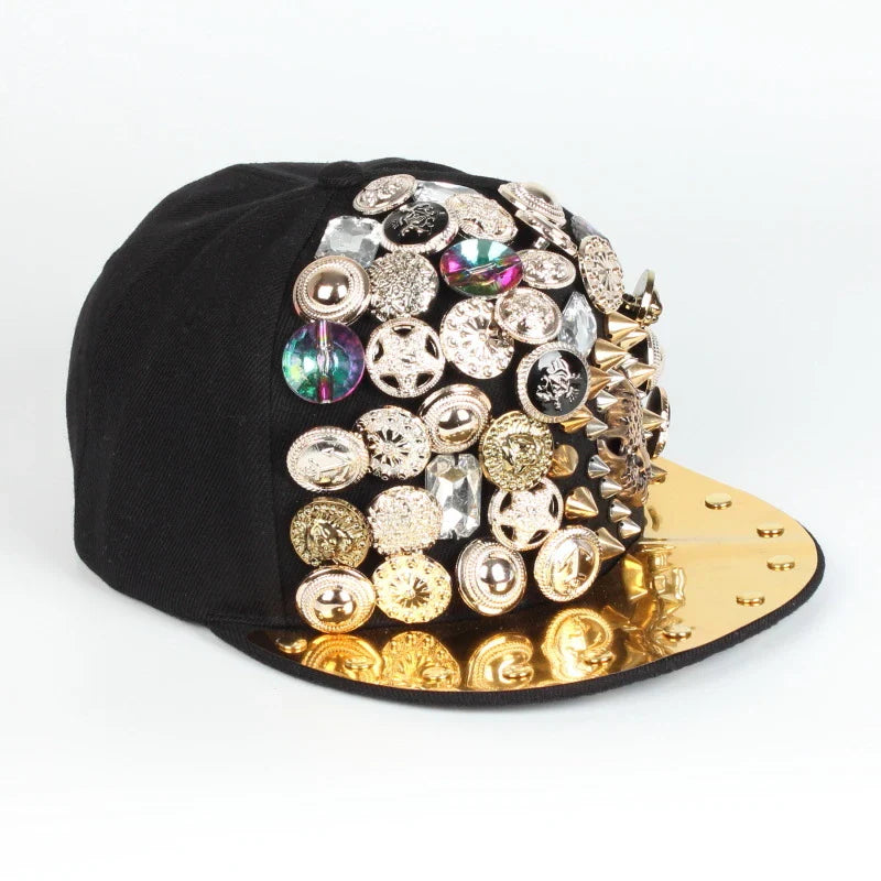 A black baseball cap with a striking skull and leopard print design, featuring adjustable snapback closure for a customized fit.