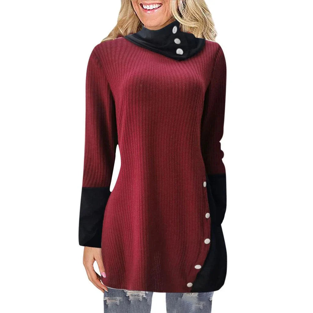 Elegant long-sleeve dress with A-line silhouette and stack collar, crafted from premium polyester for a flattering, comfortable fit