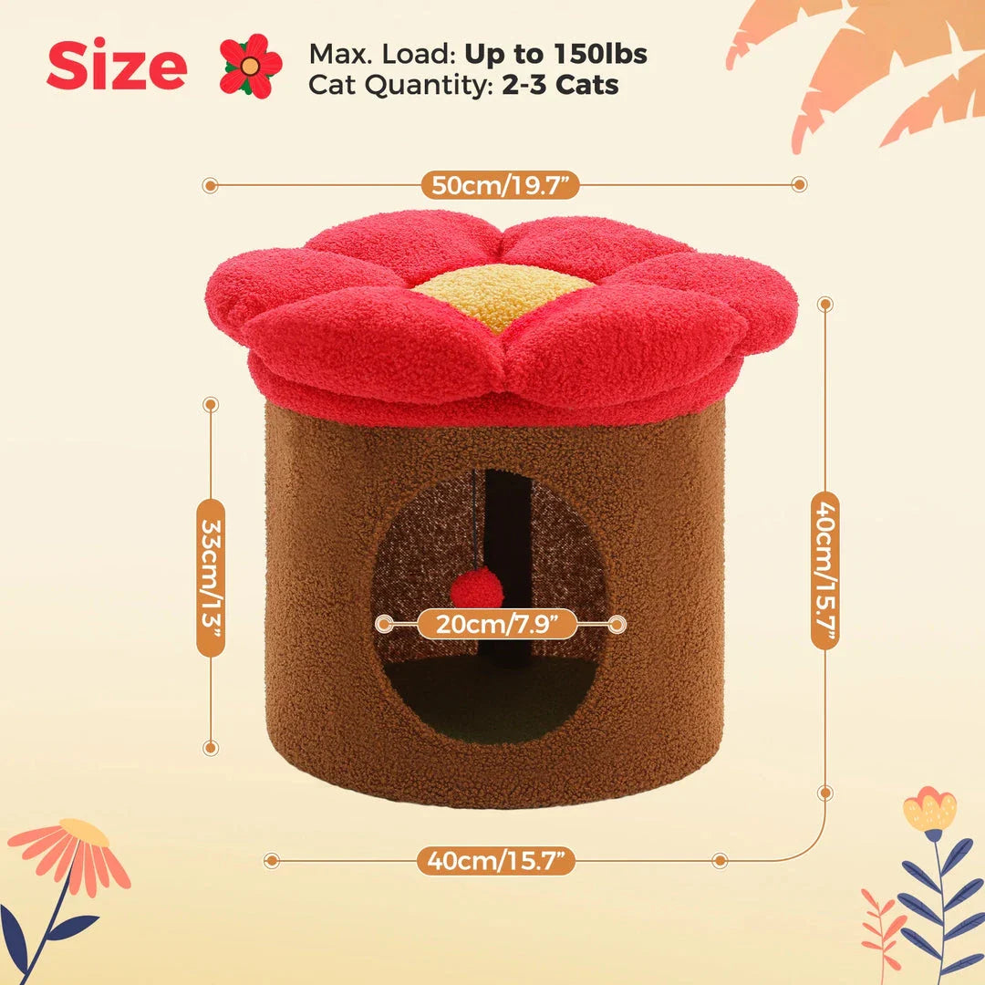 Luxurious double-decker cat bed with charming flower-shaped perch and interactive toy, made with soft corduroy fabric for maximum comfort.