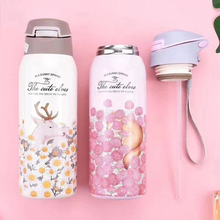 Stylish floral double-wall insulated water bottle with straw, made of high-quality stainless steel for long-lasting use and temperature control.