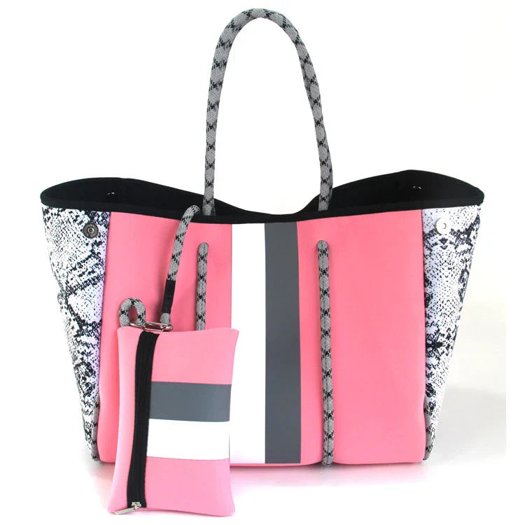 A neoprene beach bag in a stylish design, perfect for British summer adventures at the coast