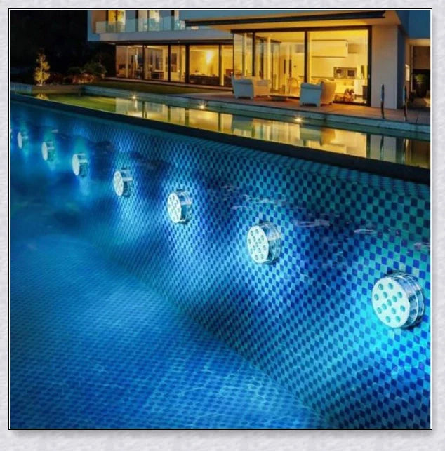 Submersible colour-changing LED pool lights with magnetic and suction cup mounting for easy installation
