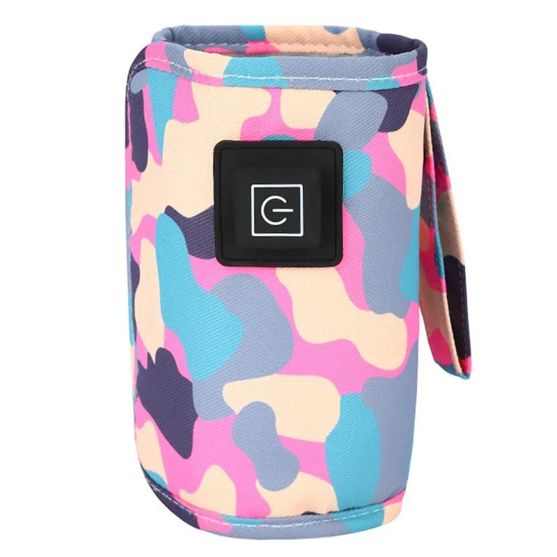 Portable USB Baby Bottle Warmer and Insulated Bag in purple, with a USB charging cable and temperature control settings
