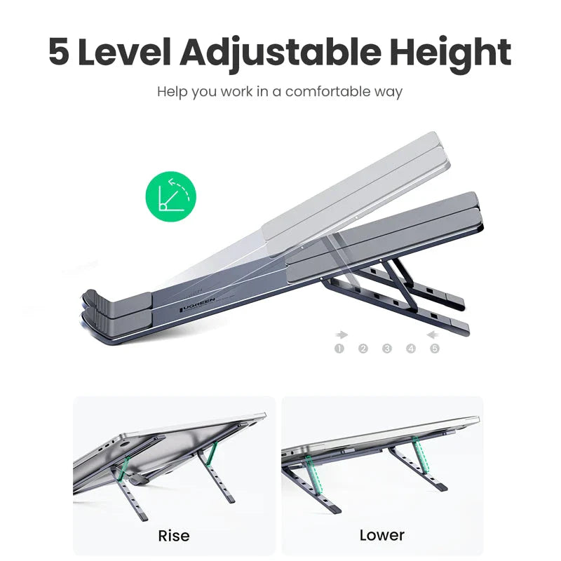 Adjustable and foldable aluminium laptop stand with 5 height levels, cooling design, and skidproof silicone platform