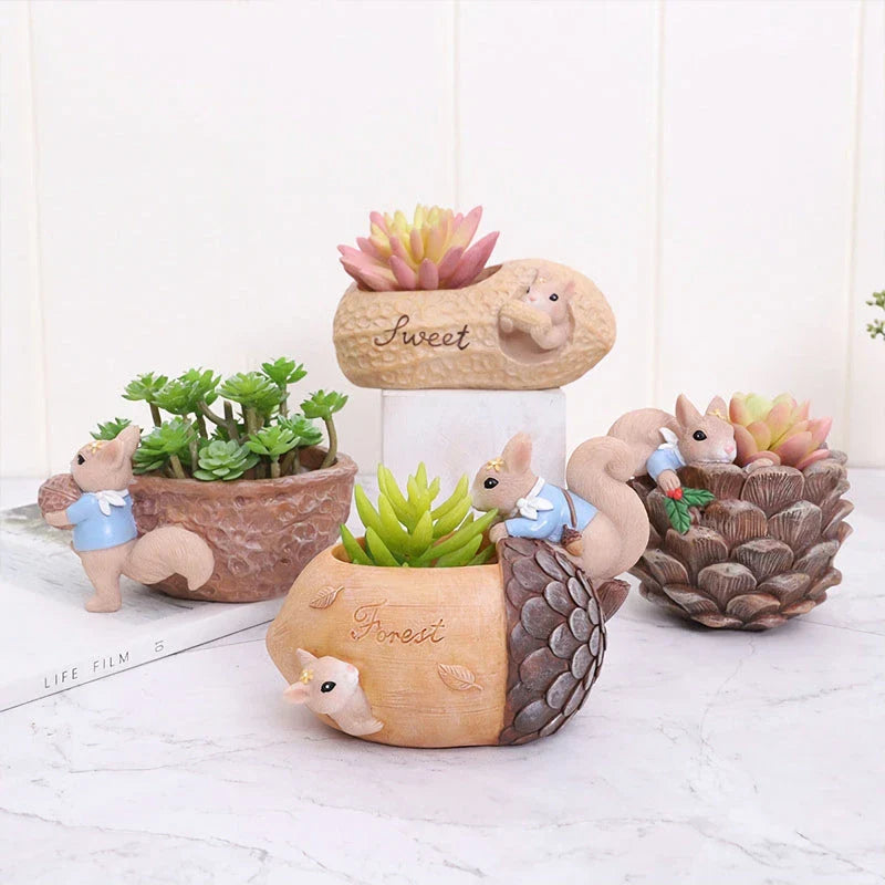 Cartoon squirrel-themed succulent planter in resin material, featuring a drainage hole for healthy plant growth