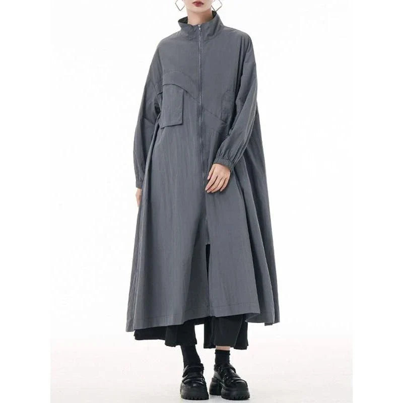 Stylish army green trench coat with mandarin collar, zipper closure, and functional pockets for practical and fashionable all-season wear.