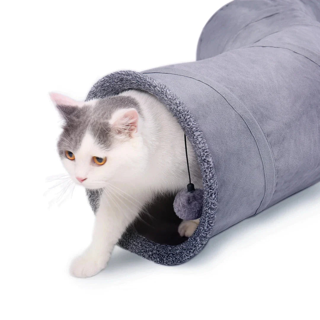 Grey foldable cat play tunnel with crinkle sounds, peek-a-boo holes, and a hanging ball toy for interactive playtime