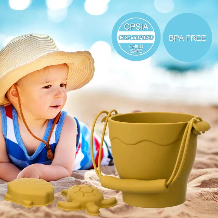 Premium eco-friendly silicone beach playset with bucket, spades, and themed molds for children's creative outdoor play
