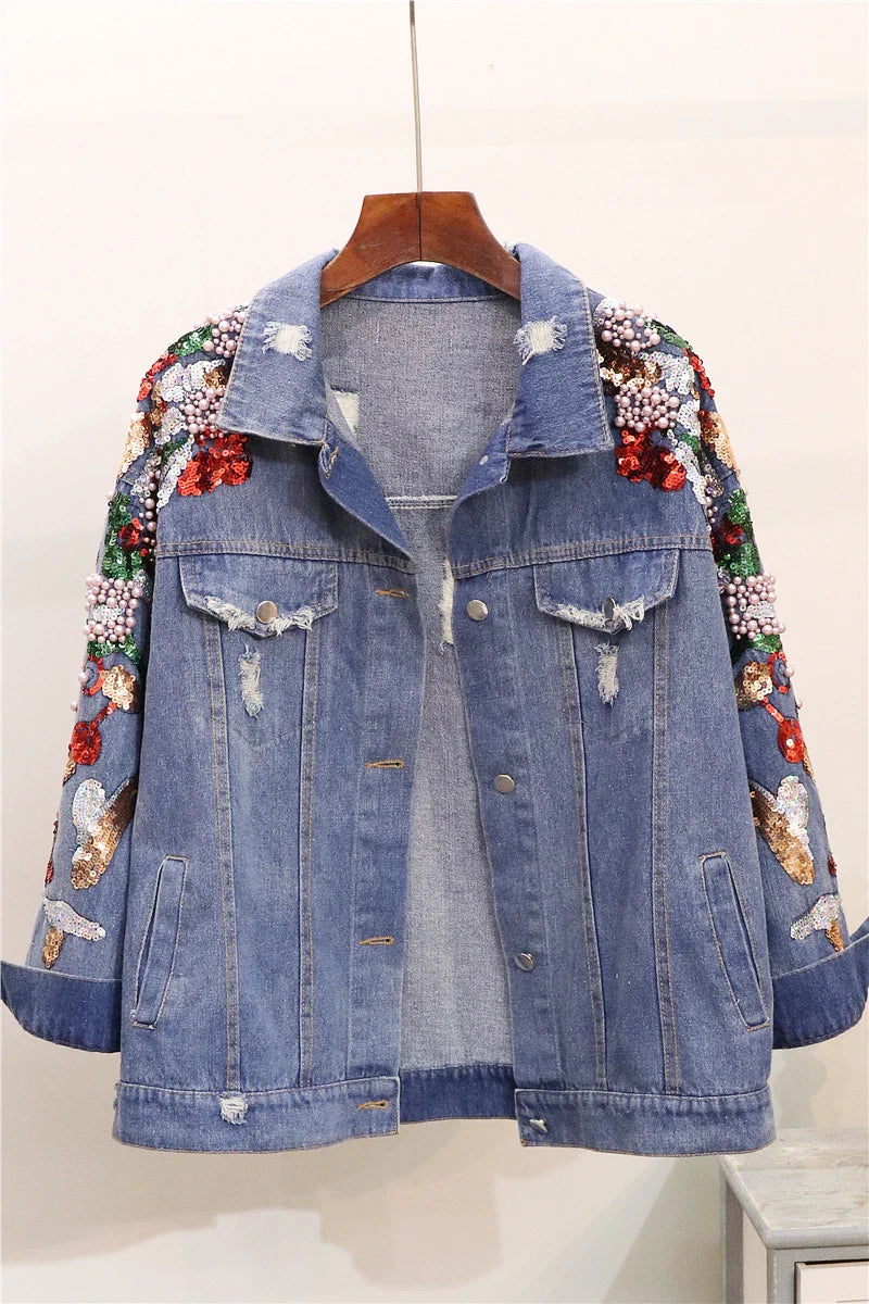 Premium embroidered denim jacket with slimming beaded sequins in a relaxed, flattering fit