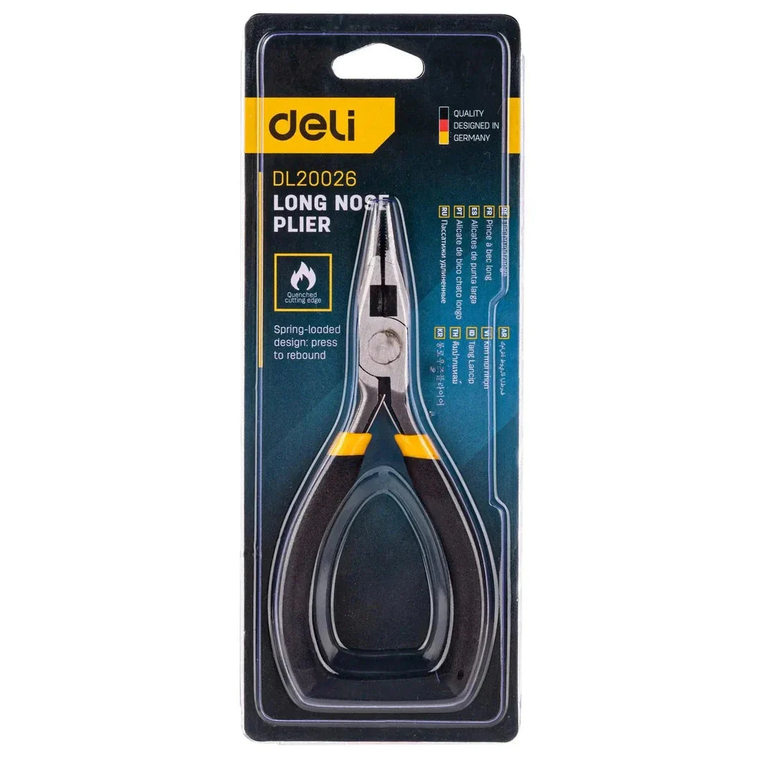 A close-up view of a pair of 5-inch mini long nose pliers with a carbon steel construction and a comfortable plastic handle.