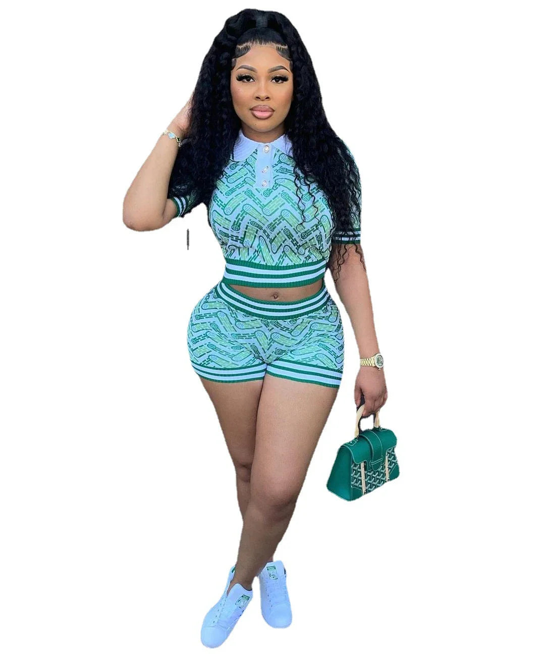 Stylish retro patchwork shorts set with rib detailing and exposed navel crop top