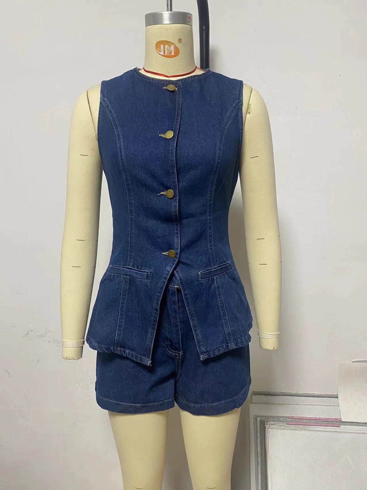Trendha Denim Summer Set - Sleeveless Button-up Top and High-Waisted Shorts for Women