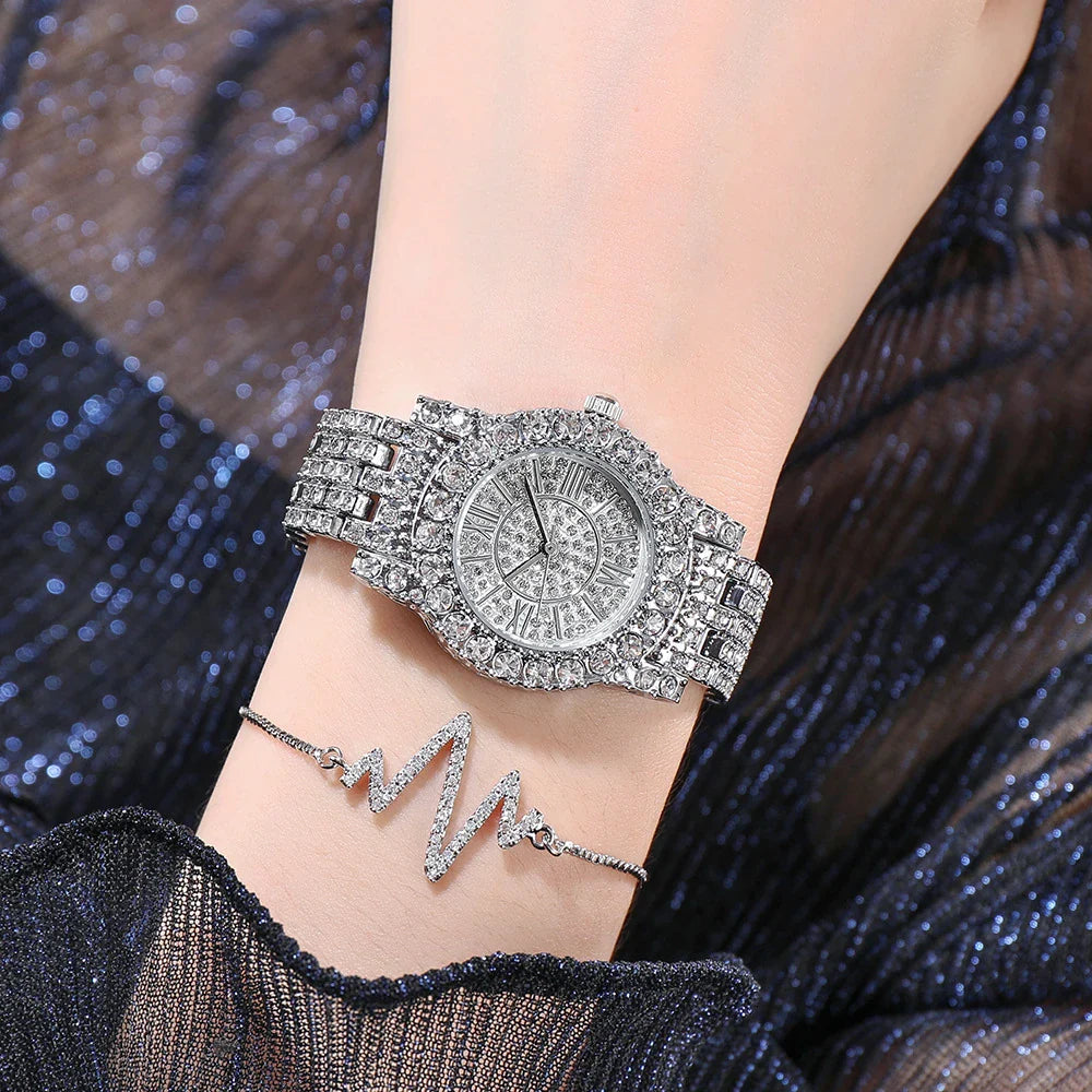 Elegant rhinestone-encrusted waterproof quartz watch with a sleek, round dial in gold, silver, or middle gold finishes